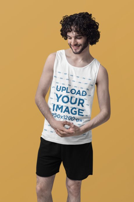 Comfort Colors Mockup Featuring a Happy Man in a Scoop-Neck Tank Top Standing Against a Colorful Background