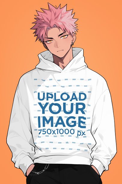 Pullover Hoodie Mockup Featuring an AI-Created Anime Man Posing With a Serious Look
