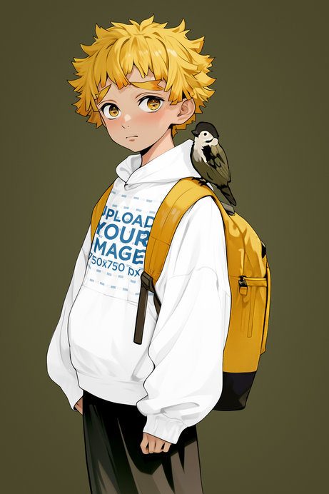 Hoodie Mockup of an AI-Generated Teenage Boy and a Bird Graphic Inspired by an Anime