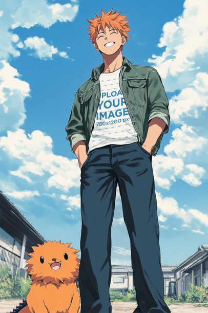 T-Shirt Mockup of an AI-Generated Anime-Inspired Man Posing With a Happy Look With a Fantasy Pet m52382