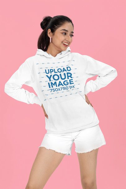 Pullover Hoodie Mockup Featuring a Happy Woman Posing With Her Hands on Her Waist m53079