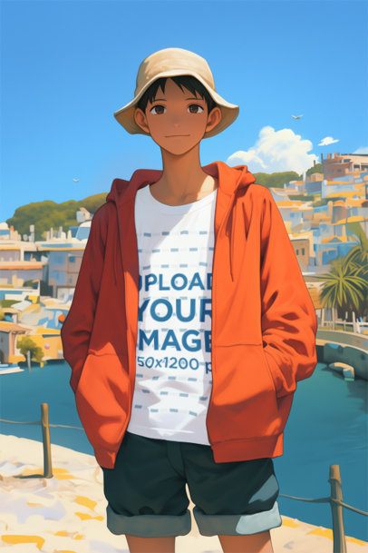 Anime-Themed Mockup Featuring an AI-Created Teen Boy in a T-Shirt Inspired by a Popular Pirate TV Show