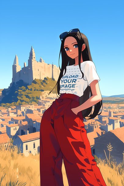 T-Shirt Mockup of a Smiling AI-Generated Woman Inspired by a Popular Pirate Anime Show