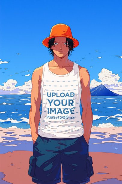Tank Top Mockup Featuring an AI-Created Anime Man in a Beach Inspired by a Famous Manga m52360
