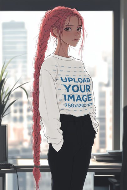 Sweatshirt Mockup Featuring an AI-Created Woman Inspired by an Anime Character