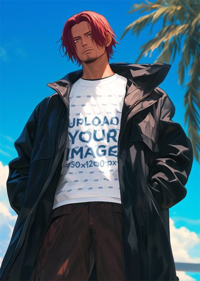 Round-Neck T-Shirt Mockup Featuring an AI-Created Anime Man Inspired by a Popular Manga