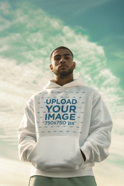 Pullover Hoodie Mockup Featuring an AI-Created Man Posing Against the Sky