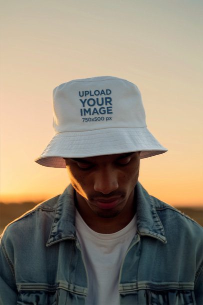 Bucket Hat Mockup of an AI-Generated Man Standing Against a Sunset Sky