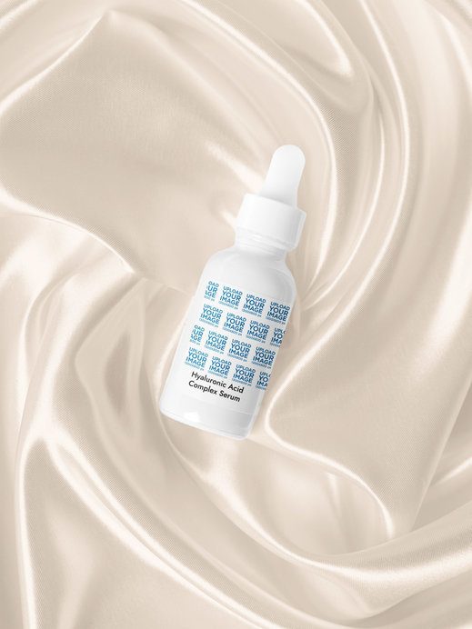 Hyaluronic Acid Complex Serum Mockup Featuring a Silk Texture Background