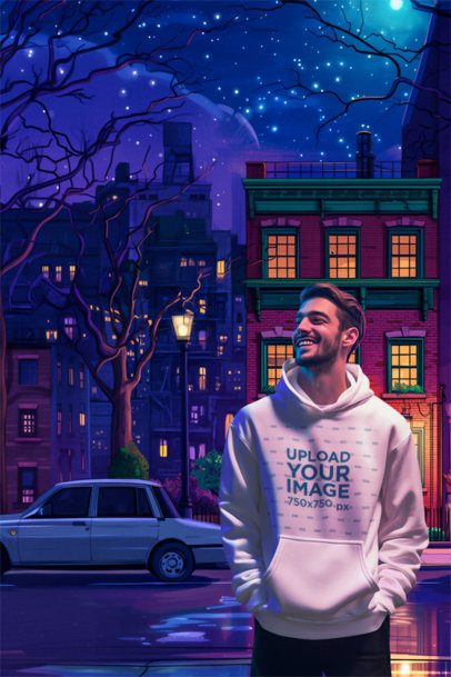 Hoodie Mockup of an AI-Generated Smiling Man in a Landscape Inspired by a Rabbit Toon Film m53897