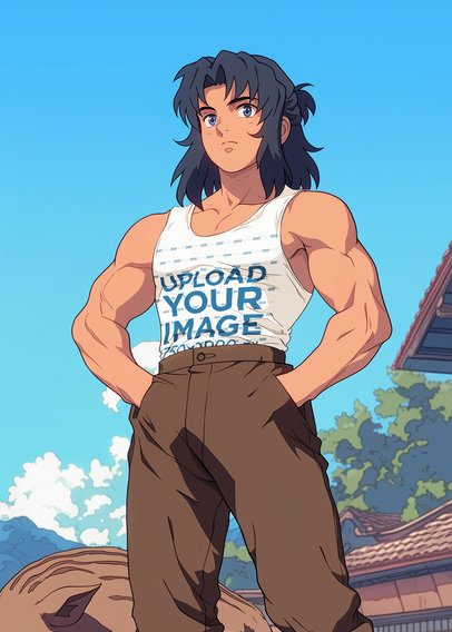 Tank Top Mockup Featuring an AI-Created Anime Man Posing With a Confident Look
