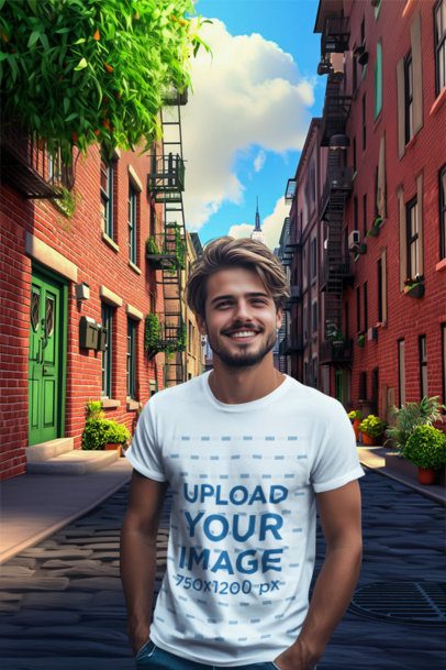 Round-Neck T-Shirt Mockup of an AI-Generated Happy Man in a Rabbit Toon Film-Inspired Landscape m53900