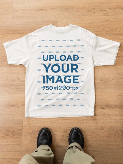 Oversized T-Shirt Mockup Featuring a Man's Legs and a Wooden Floor