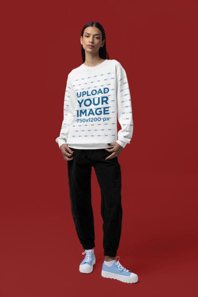 Comfort Colors Mockup Featuring a Woman Posing With Sweatshirt in a Customizable Background m52965