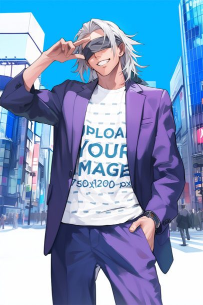 T-Shirt Mockup of an AI-Generated Anime Happy Blindfolded Man Posing in a City m52372