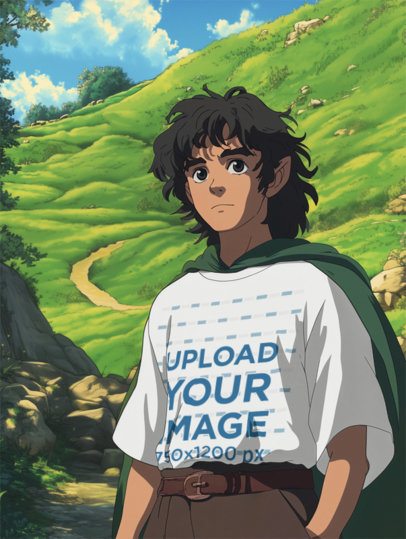T-Shirt Mockup Featuring an AI-Created Anime Man Inspired by an Epic Adventure Trilogy