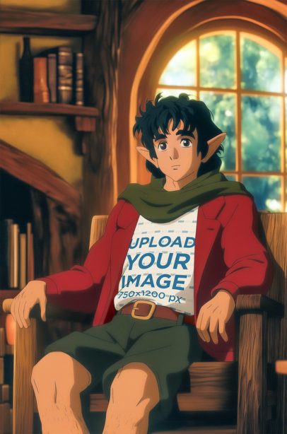 Epic Adventure Trilogy-Inspired Mockup of an AI-Generated Anime Elf Man in a T-Shirt