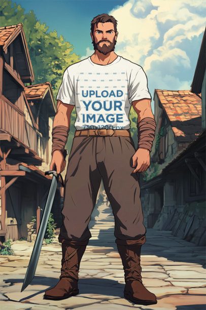 Epic Adventure Trilogy-Inspired Mockup of an AI-Generated Man in a Tee With a Sword