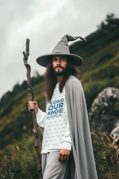 Long-Sleeve Tee Mockup of an AI-Generated Bearded Man Inspired by a Wizard From an Epic Adventure Trilogy