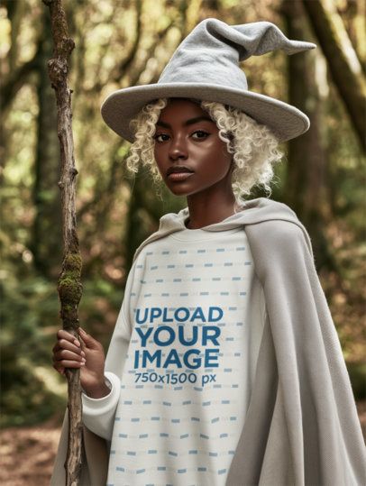 Cosplay Mockup Featuring an AI-Created Woman in a Sweatshirt Inspired by Epic Adventure Trilogy Wizard