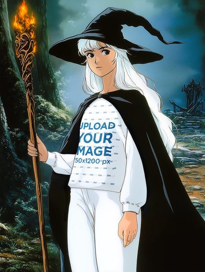 Sweatshirt Mockup Featuring an AI-Created Anime Woman Inspired by an Epic Adventure Trilogy Wizard