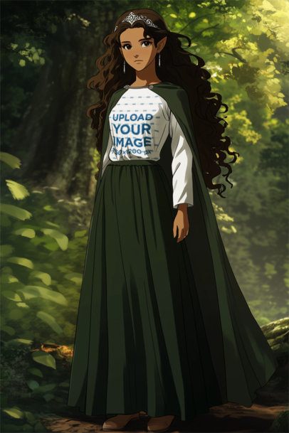 Long-Sleeve Tee Mockup Featuring an AI-Created Elf Woman Inspired by an Anime Epic Adventure Trilogy