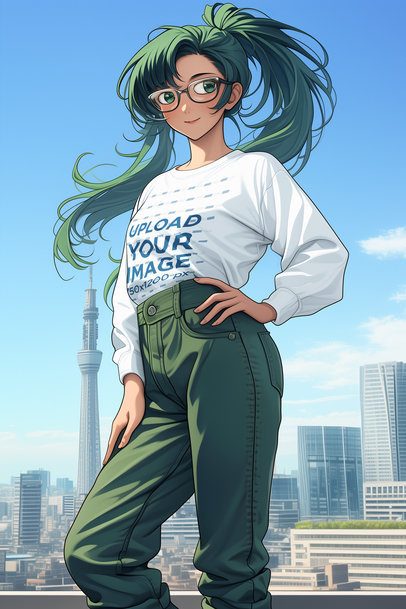Anime-Inspired Mockup of an AI-Generated Woman With a Sweatshirt Posing Against a Big City