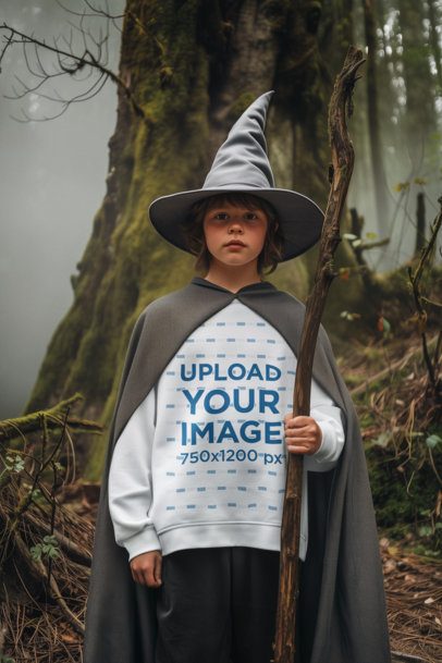 Cosplay Mockup Featuring an AI-Created Wizard Boy in a Sweatshirt and an Epic Adventure Trilogy-Inspired Outfit