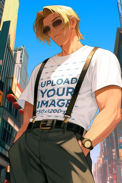 T-Shirt Mockup Featuring an AI-Created Anime Man Standing by the Street With Sunglasses