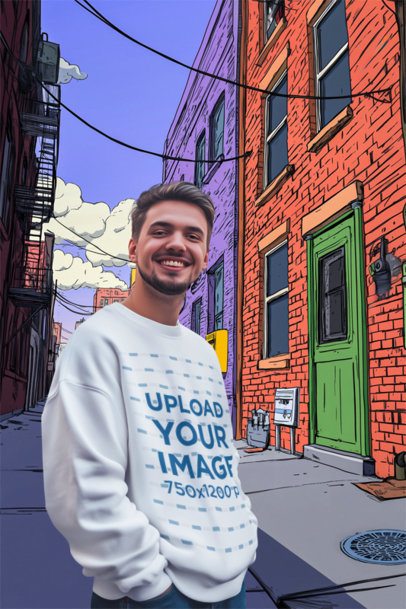 Sweatshirt Mockup of an AI-Generated Happy Bearded Man Standing in a City Inspired by a Rabbit Toon Film m53901