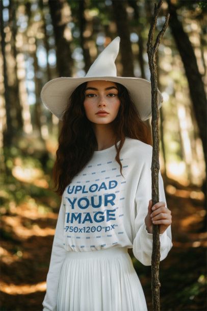 Long-Sleeve Tee Mockup of an AI-Generated Woman in an Epic Adventure Trilogy-Inspired Cosplay Outfit