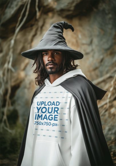 Hoodie Mockup Featuring an AI-Created Wizard Man Inspired by an Epic Adventure Trilogy Cosplay