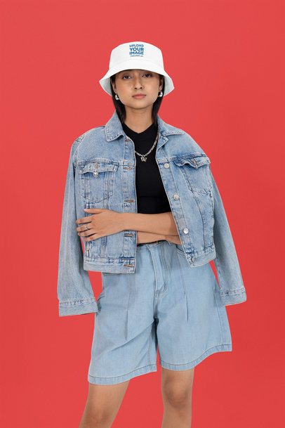 Bucket Hat Mockup of a Serious Woman in a Denim Outfit Posing in a Studio