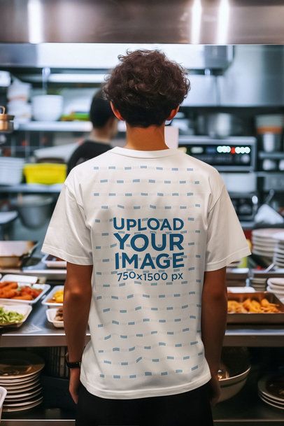 Back-View T-Shirt Mockup Featuring an AI-Created Man Standing In Front of a Kitchen Restaurant