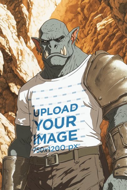 T-Shirt Mockup Featuring an AI-Created Anime Orc Inspired by an Epic Adventure Trilogy