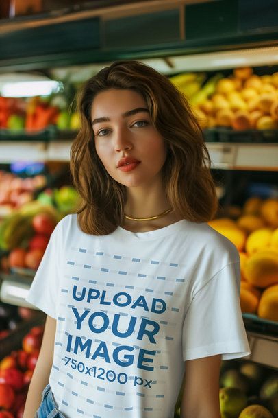 T-Shirt Mockup of an AI-Generated Serious Woman Posing in a Food Market m51321