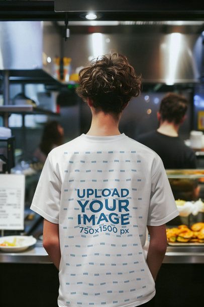 Back-View T-Shirt Mockup of an AI-Generated Man Standing In Front of a Buffet