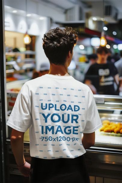 Back-View Tee Mockup of an AI-Generated Man Standing in a Restaurant Serving Food