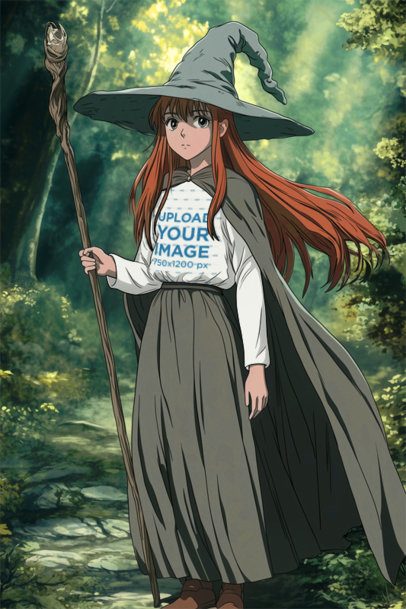 Long-Sleeve Tee Mockup of an AI-Generated Anime Woman Inspired by an Epic Adventure Trilogy Wizard