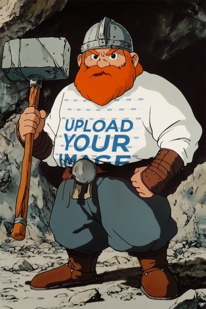 Sweatshirt Mockup Featuring an AI-Created Anime Man Inspired by a Bearded Dwarf From an Epic Adventure Trilogy