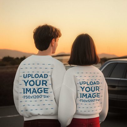 Mockup of the Back-View of an AI-Generated Couple in Sweatshirt Looking at the Sunset