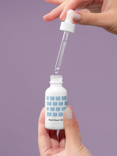 Snail Mucin Facial Serum Mockup Featuring a Woman's Hands Holding a Dropper Against a Colorful Background m53612