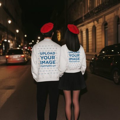 AI-Generated Mockup of the Back-View of a Couple Wearing Matching Sweatshirts and Berets in the Street