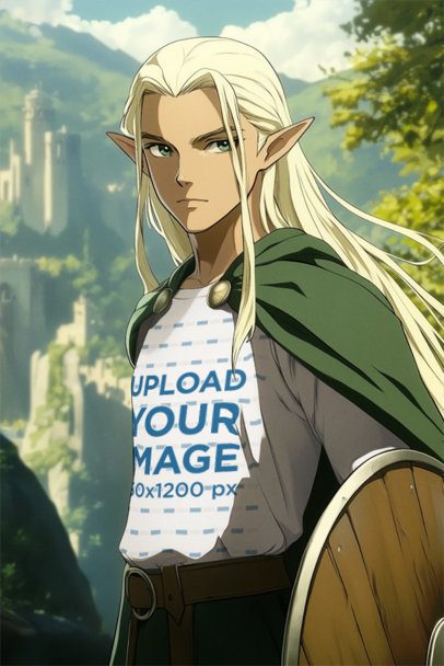 Long-Sleeve Tee Mockup Featuring an AI-Created Anime Elf Man Inspired by an Epic Adventure Trilogy