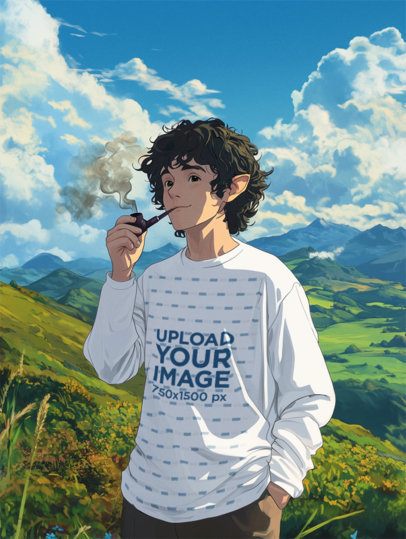 Long-Sleeve Tee Mockup of an AI-Generated Anime Man Smoking a Pipe Inspired by an Epic Adventure Trilogy Character