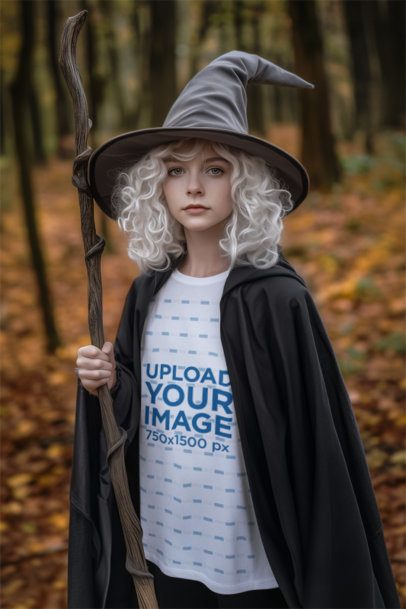 Wizard Cosplay Mockup Featuring an AI-Created Woman in a Tee Inspired by an Epic Adventure Trilogy Character