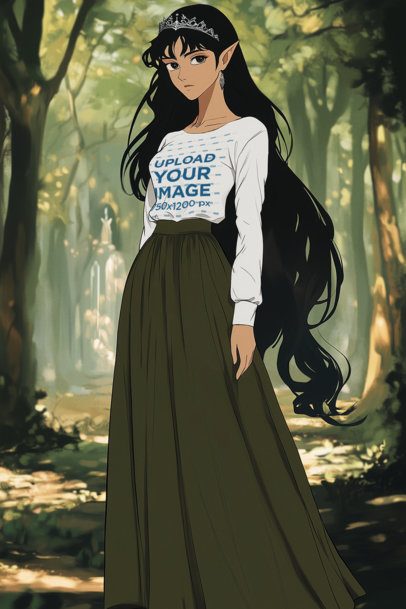 Long-Sleeve Tee Mockup of an AI-Generated Anime Elf Woman in an Epic Adventure Trilogy-Inspired Setting