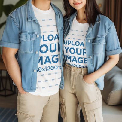 T-Shirt Mockup Featuring an AI-Created Couple Wearing Matching Outfits