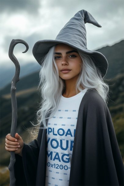 Tee Mockup Featuring an AI-Created Woman Inspired by an Epic Adventure Trilogy Wizard Character