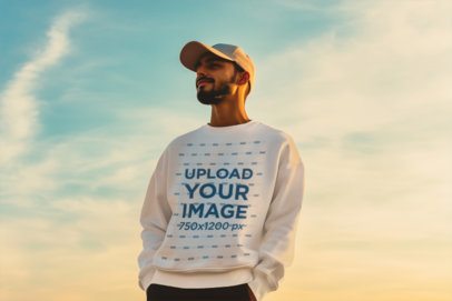 Sweatshirt Mockup Featuring an AI-Created Bearded Man Posing Against a Sunset Sky